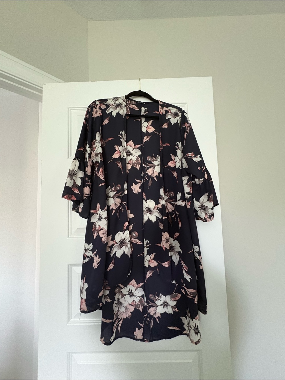 Fashion Nova Black Floral Open-Front Kimono with Pink & Cream Blooms